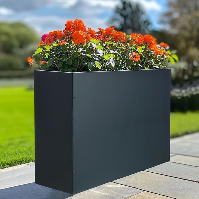 BAYN Metal Rectangular Planter Box Tall Planters for Outdoor Plants Modern Heavy Duty with Drainage Holes for Outside Indoor Patio Deck - Grey, 32”x 12”x 24”
