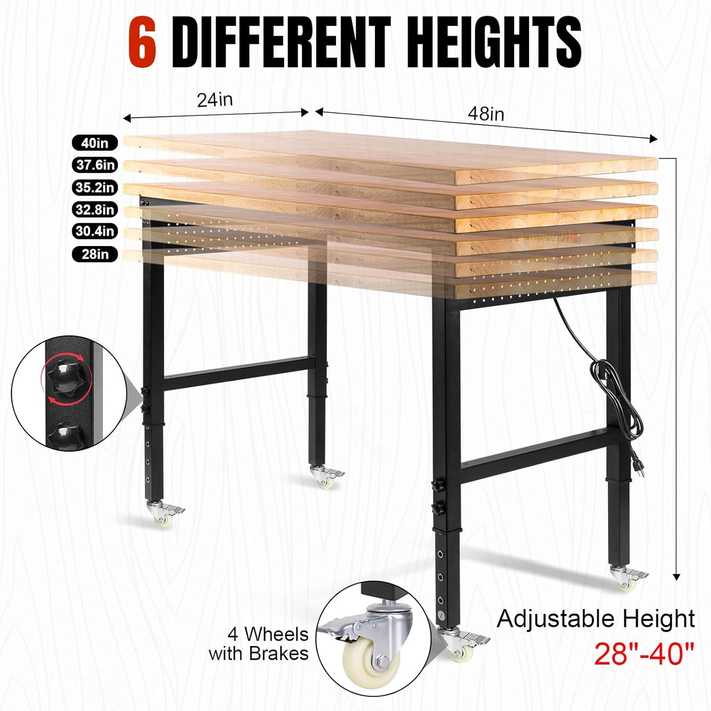 Adjustable Height Workbench, Heavy Duty Table Rubber Wood Workstation with Power Outlet & Pegboard for Garage, Office, Workshop, Home,Commercial (48"×24"|Wheels)
