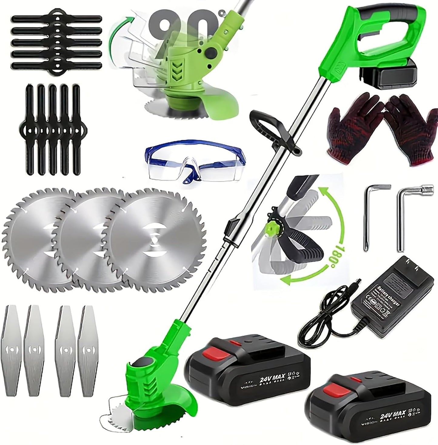 Electric Weed Wacker,Weed Eater on Battery Operated,Comes with Two 24V Batteries and Three Different Types of Blades,3 in 1 Trimmer Lawn/Cordless Trimmer for Lawn Yard Garden (Green)