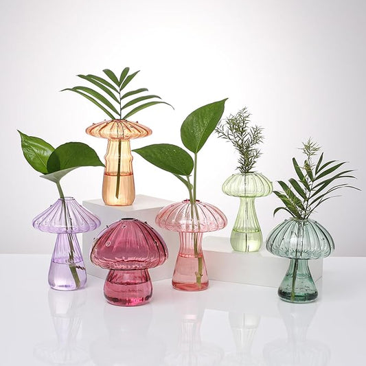 Mushroom Glass Vases for Indoor Plants, Set of 6 Colored Plant Propagation Stations, Mini Terrarium for Plants,Unique Small Hydroponic Pots for Flowers, Cute Decor Vase Gifts for Women