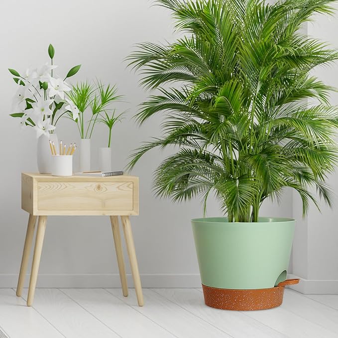 12 inch Large Self Watering Pots for Indoor Outdoor Plants, Flower Plant Pots with Drainage Holes for Garden House Plants, Plastic Planters with Reservoir for Home Plants, Green with Brown