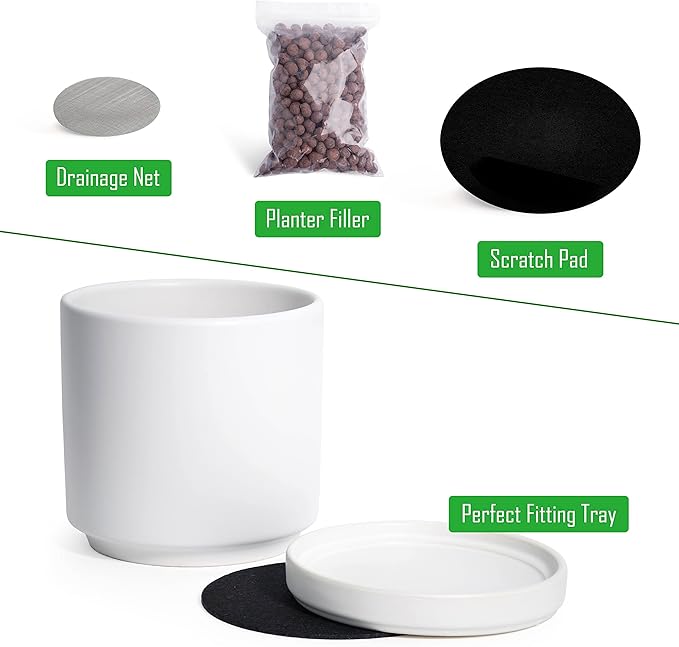 D'vine Dev 8 Inch & 10 Inch Ceramic Planter Pot for Plants with Drainage Hole and Saucer, Large Plant Pots Set, White, 94-G-L-1