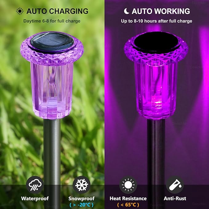 DenicMic Solar Lights Outdoor Pathway Lights LED Waterproof Acrylic Lamp Head Stainless Steel Stake for Yard Garden Landscape Path Walkway Driveway Patio Lawn (Purple 10Pack)