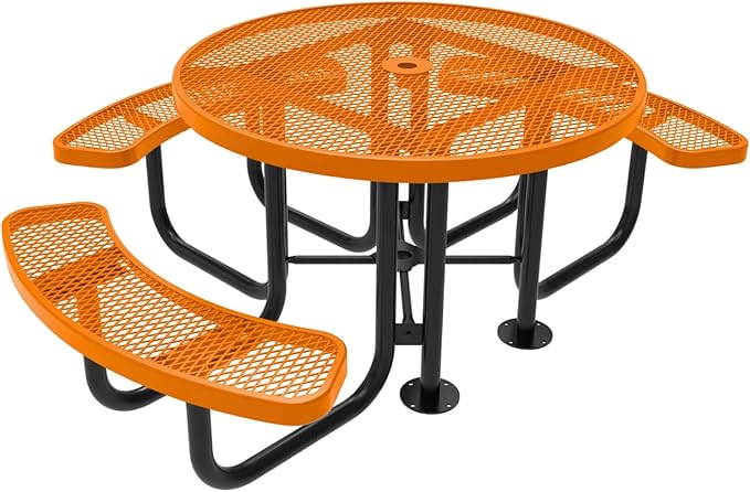 Heavy-Duty Portable Outdoor Picnic Table with Umbrella Hole, Expanded Metal Patio Dining Furniture Made in America (46" Round Top, Orange)