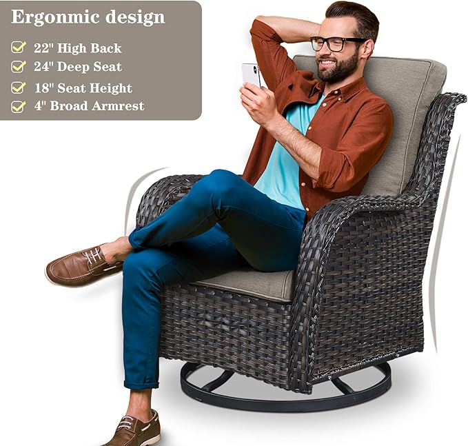Wicker Patio Furniture Sets - 13 Piece Outdoor Rattan Furniture Conversation Sets with 4 Swivel Rocker Chairs, 2 Rattan Sofas, Wicker Ottomans and Coffee Table, Brown/Grey