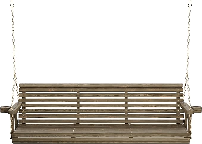 Amish Casual 6 Foot Roll Back Porch Swing with Cup Holders in Dark Walnut Stain - Amish Made in The USA from Treated Pine Heavy Duty 700 Lb. Weight Capacity