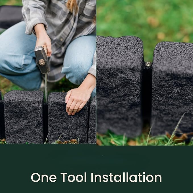 Beuta Landscape Edging | Garden Edging Border | Faux Stone Block XL for Lawn Edging, Flower Beds & Yard Edging – 1 Pack | Each Section Has 6 Blocks 48" L x 4" W x 9.5" H | 3 Spikes | Charcoal