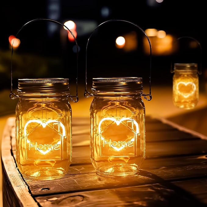 Hanging Solar Mason Jar Lights, 2 Pack Warm Heart Shape Led Lights, Solar Powered Lanterns Outdoor Waterproof, Hangers and Jars Included, Gift for Lover, Home Party Wedding Garden Patio Decor (2)