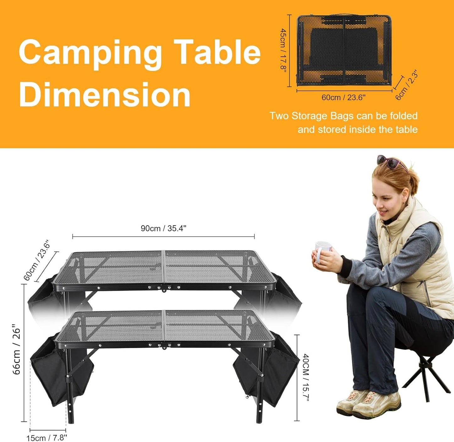 Camping Table 3FT Grill Table with 2×7/15L Storage Bag Foldable Folding Table Picnic Portable Stand Mesh 2 Height Adjustable Outdoor Card BBQ 35.4×23.6×26 inch