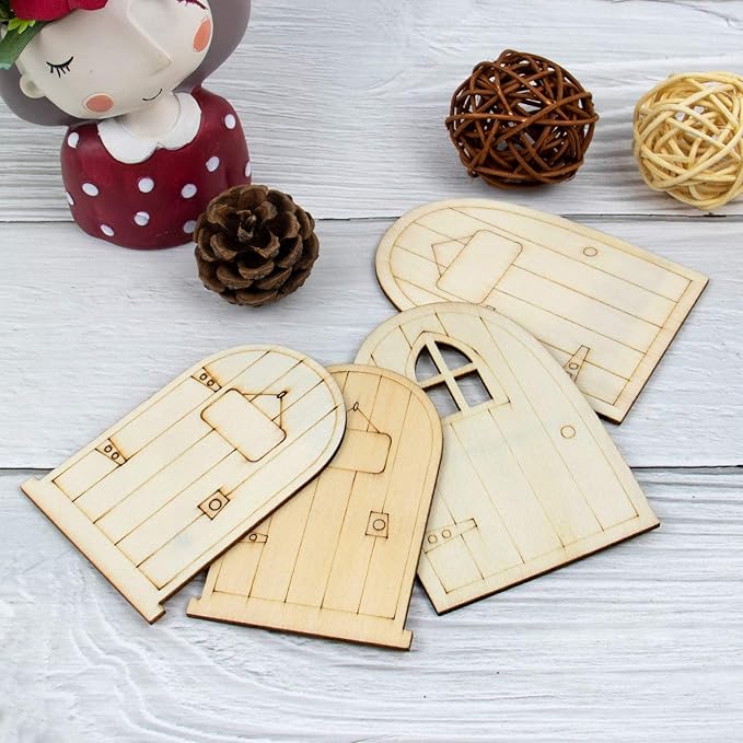 AUEAR, 24 Pack Unpainted Fairy House Doors Mini Wooden Miniature Garden Door for DIY Craft 4 Styles