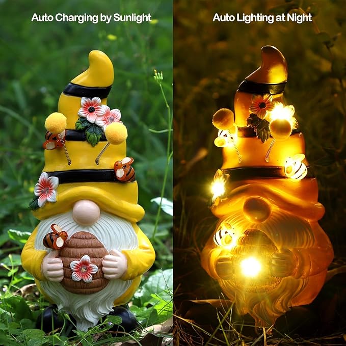 Garden Figurines Gnome Statue Decorations - Solar Resin Spring Bee Gnome Figurine Solar Garden Lights Outdoor Decorations Waterproof for Patio,Yard,Lawn,