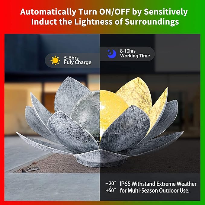 Garden Solar Light Outdoor(2Pack), Amber Crackle Globe Glass Lotus Decoration, Waterproof Gary Metal LED Flower Lights for Patio,Lawn,Walkway,Tabletop, Garden Gifts for Women