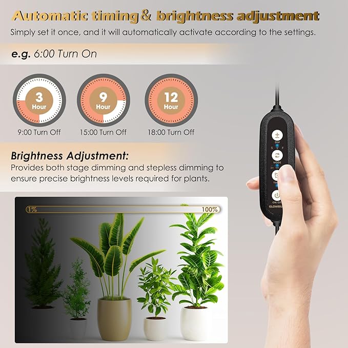 GLOWRIUM Standing Grow Light with Auto-Timer, 10W Hanging and Vertical Grow Lights for Indoor Plants,3 Light Modes,67 LEDs,Full Spectrum Plant Lights for Wide Area Coverage in Indoor Plants (15 in)