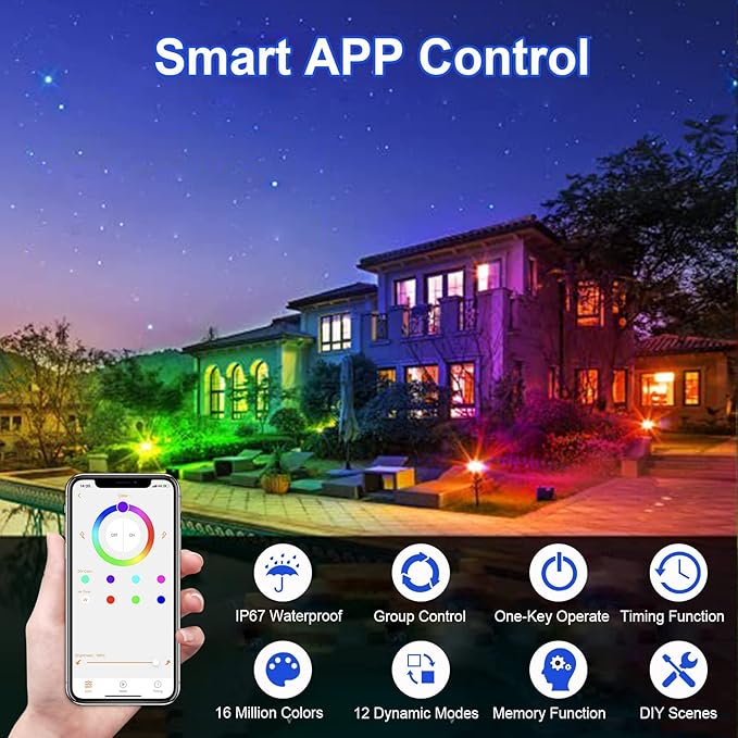 Spotlight, 15W Spot Lights Outdoor RGB IP67 Waterproof Landscape Spotlights with Bluetooth Dimmable for Smart Intelligent Yard LED,12V Low Voltage House Garden Path Decoration(2 Pack)