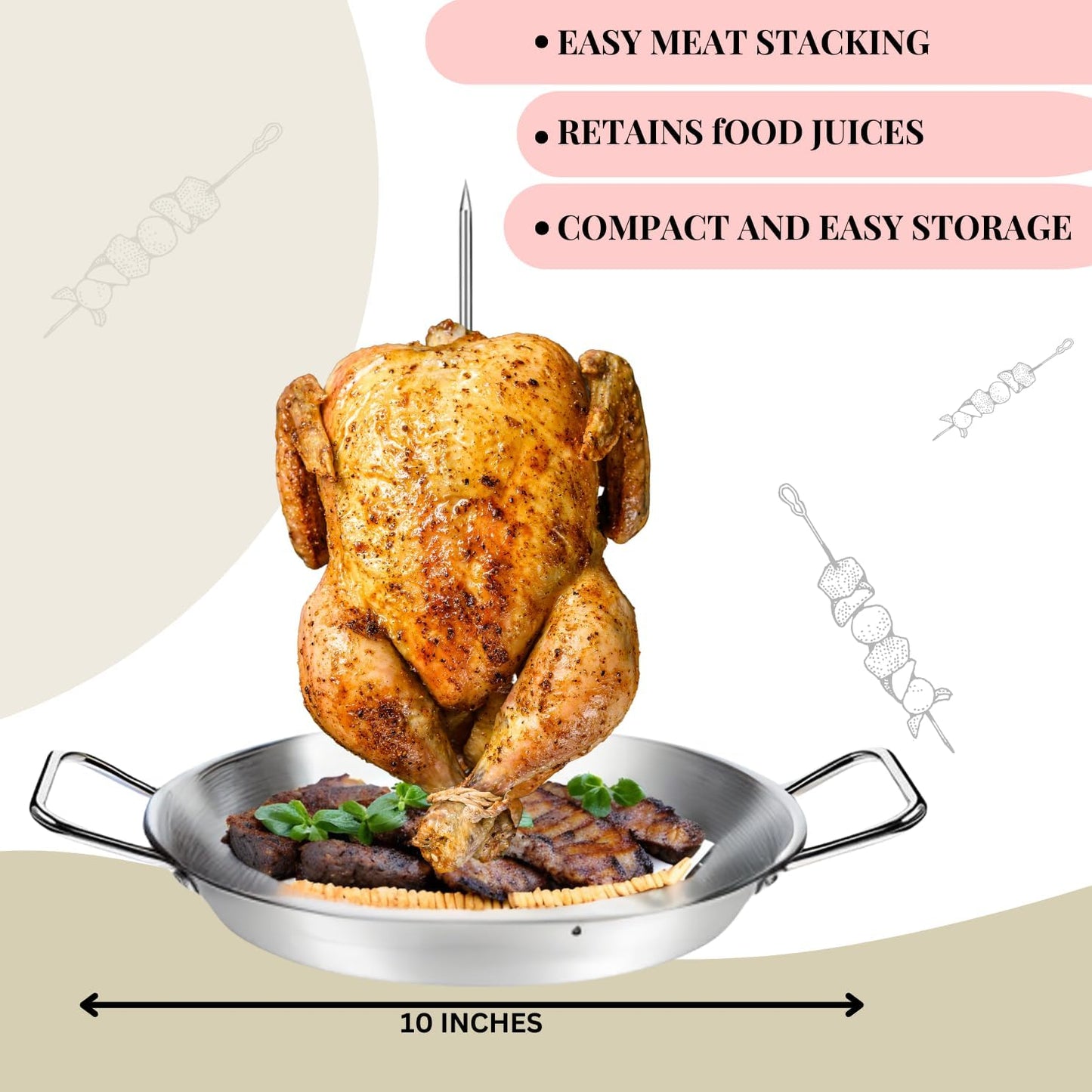 Al Pastor Skewer for Grill, Stainless Steel Vertical Gyro Plate for Oven, Rotate, Spit Stand, with Brushes, 3 Removable Spikes 8/10/12 BBQ Dishes Shawarma Stand, Kebabs Smoker, Tacos.