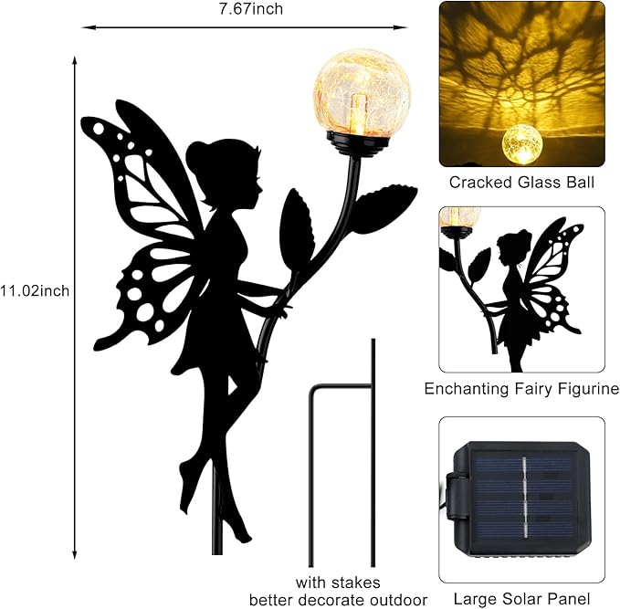 Ouddy Decor 2 Pack Solar Fairy Garden Decor, Metal Statues with Crackle Glass Globe Lights Silhouette Waterproof for Outdoor Lawn Patio Yard Pathway Home Decorations Gardening Gifts for Mother's Day