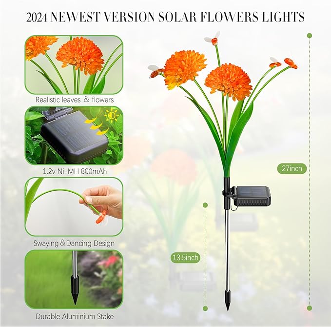 Solar Garden Lights, 8 Pack Solar Swaying Bee Lights with Flowers, Waterproof Solar Firefly Lights Outdoor for Garden Patio Yard Pathway Fall Decoration, Gifts for Women Mother's Day