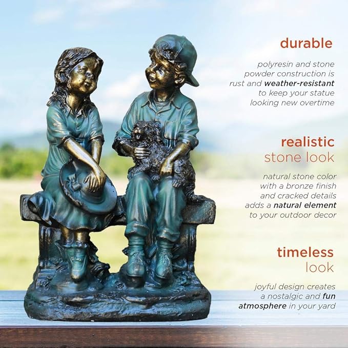 Alpine Corporation 16" Tall Indoor/Outdoor Girl and Boy Sitting on Bench with Puppy Statue Yard Art Decoration
