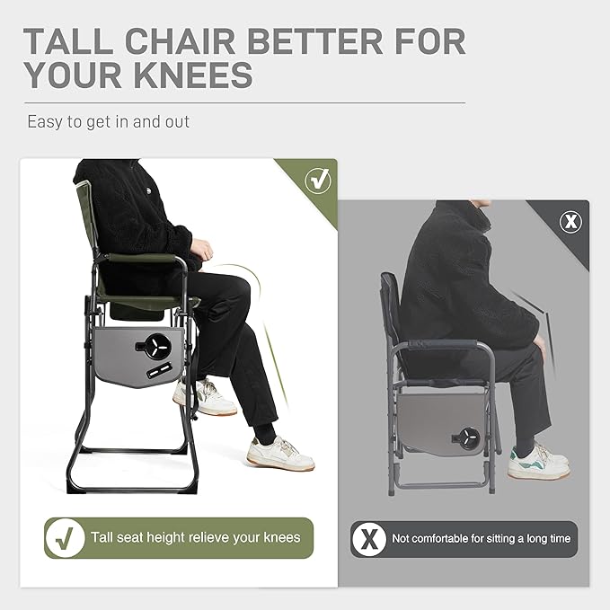 EVER ADVANCED Portable 30.7" Seat Height Tall Folding Camping Chair Directors Chair High Foldable Bar Stool with Side Table for Makeup Artist, Sports Event, Craft Show, Supports 350LBS Green Grey