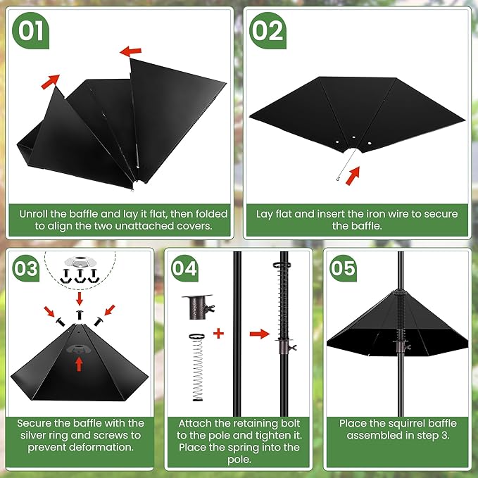 Bird House Pole, 95 Inch Heavy Duty Bird Feeder Pole Mount Kit for Outdoors, Adjustable Feeding Stand, with 2-Hooks, Metal Squirrel Baffle and 5-Prong Base, for Birds Watching