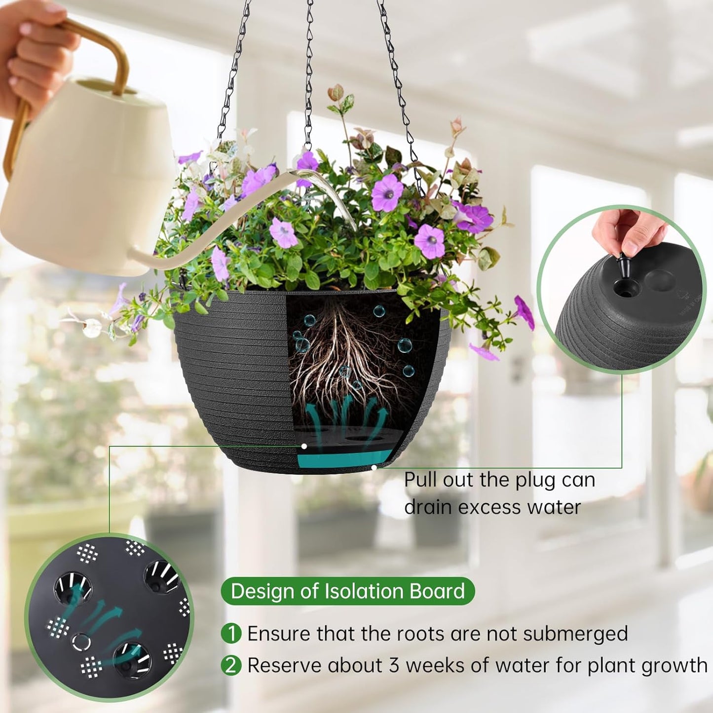 Hanging Planters for Indoor Outdoor Plants, Set of 2 Self Watering Hanging Pots with Drainage Hole & Plug and 20" Chain & Hooks
