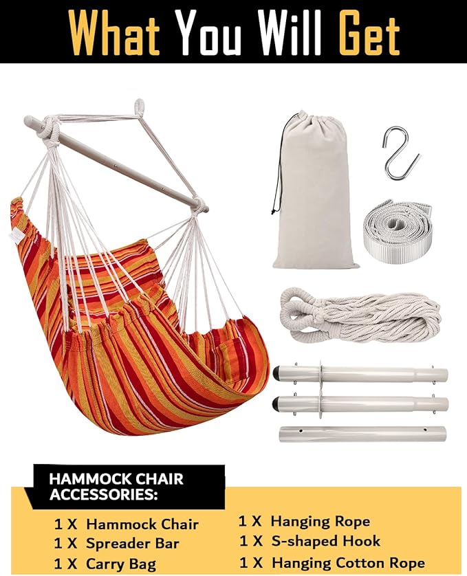 ADVOKAIR Hammock Chair Swing (500 lbs Max) - Hanging Hammock Chair Rope Swing Indoor for Bedroom, Outdoor, Patio, Bedroom, Porch, Deck - Sturdy Steel Bar with Anti-Slip Safety Rings