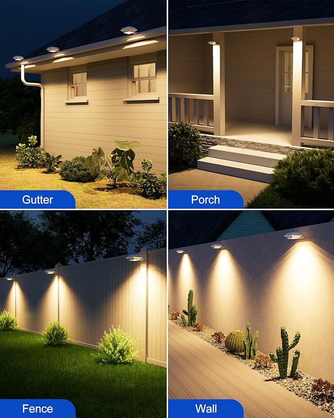 4 Pack Solar Powered Gutter Lights Outdoor Decorative Waterproof 12 LEDs Yard Lamp for Fence, Railing, Outside Wall, Deck, Garden, Path, Backyard, Walkway, Patio, No Drilling Installation (Warm White)