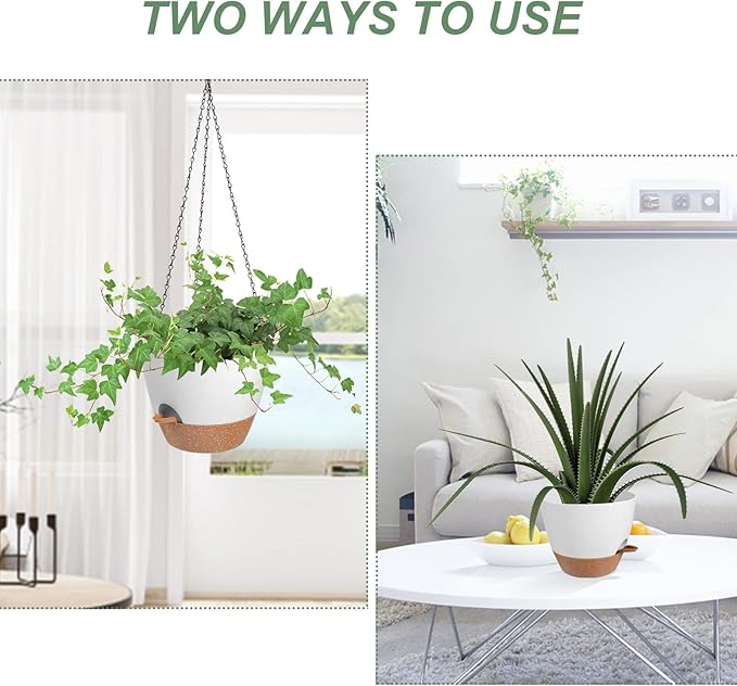 Hanging Planters for Indoor Outdoor Plants, 2 Pack Self Watering Hanging Pot with Drainage Holes & Removable Tray (White, 10'')
