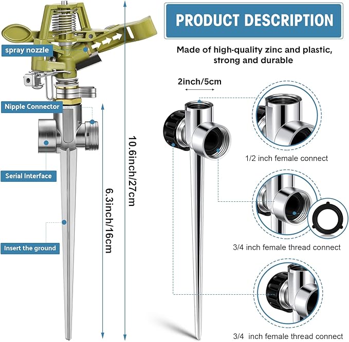 Chengu 4 Set Zinc Alloy Water Sprinklers Heads for Lawns Yard Heavy Duty Adjustable 360 Degree Watering Impact Pulsating Garden Sprinklers Multipack for Large Area Irrigation