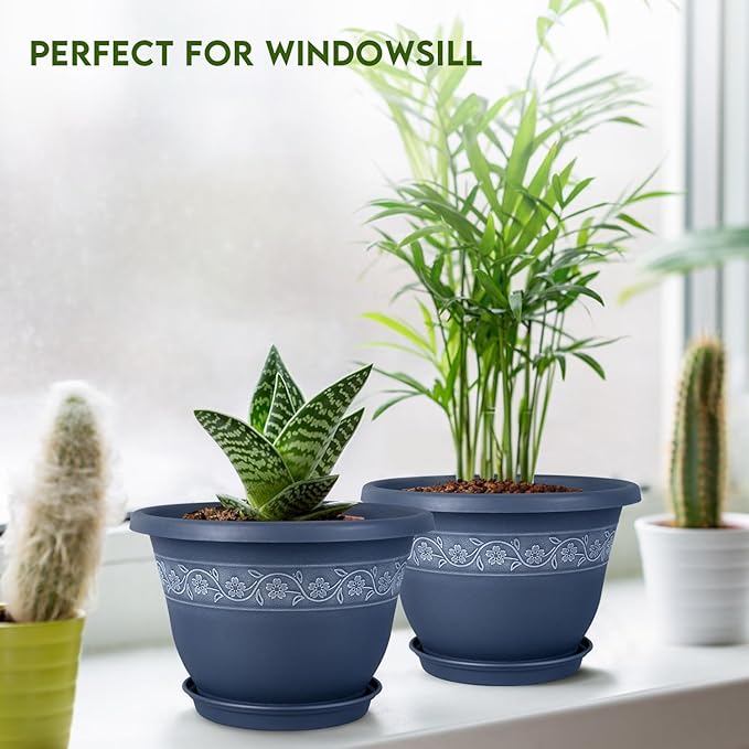 8 Inch Plant Pots with Drainage Hole - Lightweight Flower Pots for Herbs and Flowers - Home Decor Plastic Planters for Indoor Outdoor Plants- Pack of 6 (Blue, 8 inch)