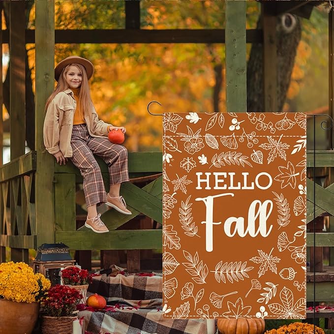 Hello Fall Garden Flag Autumn Holiday Garden Flag 12x18 inch Double Sided Fall Thanksgiving Maple Leaves Flags Decorations for Yard Outside Lawn Patio (Flay 1806)