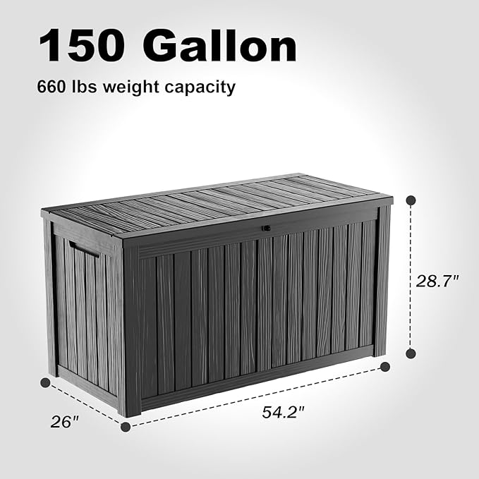 DRATO 150 Gallon Outdoor Storage Box, Large Waterproof Deck Box, Lockable Resin Storage Container with Reinforced Support for Patio Cushions, Garden Tools, UV-Resistant Outdoor Chest（Black）