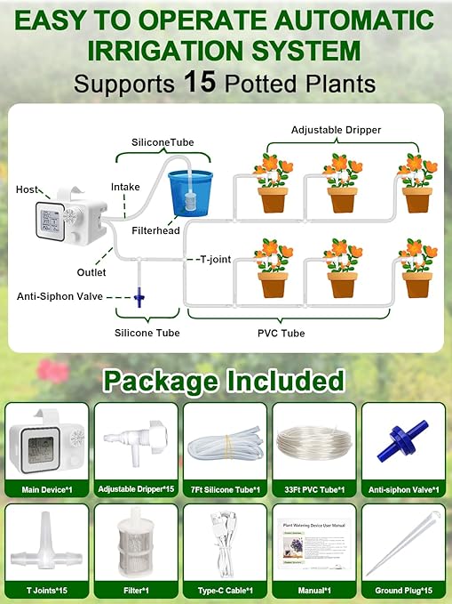 Automatic Watering System with Adjustable Drippers, Indoor Automatic Plant Waterer, Automatic Drip Irrigation Kit with Customize Schedule Water Timer for Balcony, Indoor Vacation Plant Watering