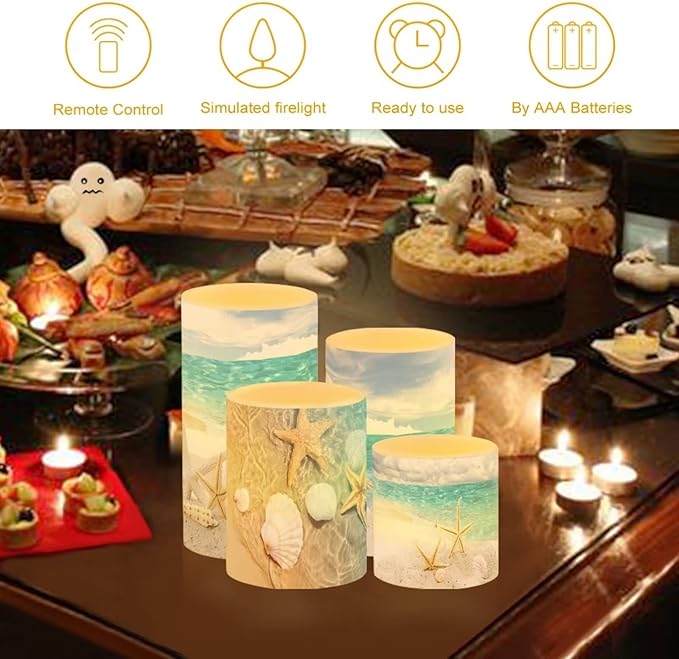 Black Flameless LED Battery Candles 4PCS Pillar Candles with 18-Key Timer Remote Colorful Light for Christmas Party Celebration Decor, Seawater Starfish
