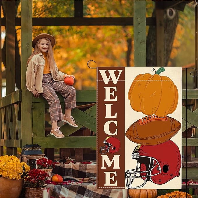 Fall Welcome Garden Flag Autumn Pumpkin Football Garden Flag 12x18 inch Double Sided Fall Thanksgiving Flags for Yard Outdoor Front Door (Flay 1803)