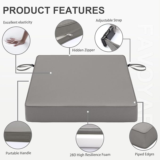 Favoyard Patio Chair Cushions 19 x 19 x 3 Inch Waterproof Outdoor Seat Cushions for Patio Furniture 3-Year Color Fastness Garden Sofa Couch Chair Pads with Handle & Adjustable Straps Set of 2, Grey
