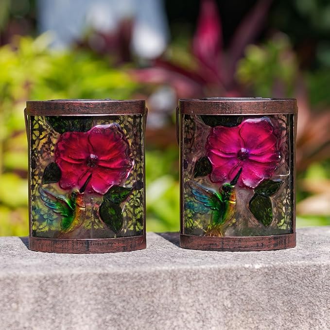 2 Pack Hummingbird Hanging Solar Lanterns Outdoor Waterproof LED Light Tabletop Glass Solar Lantern for Garden Patio