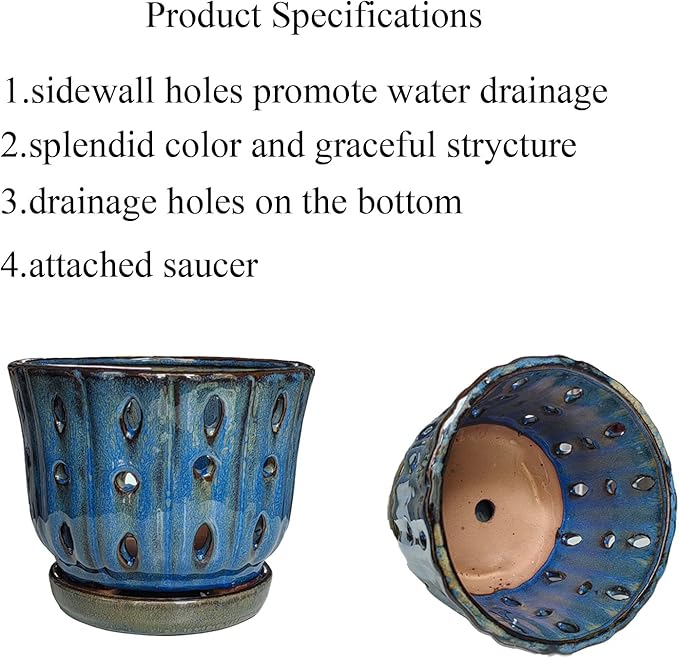 6 inch Round Ceramic Orchid Pot with Holes Orchid Planter (Dark Blue)