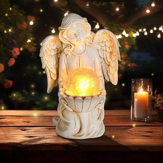 Angel Statues for Garden - Guardian Ange with Light - 8.3" Waterproof Outdoor Angel Memorial Scupture, Solar Angels Figurines Holding Glass Balls for for Patio, Yard, or Cemetery