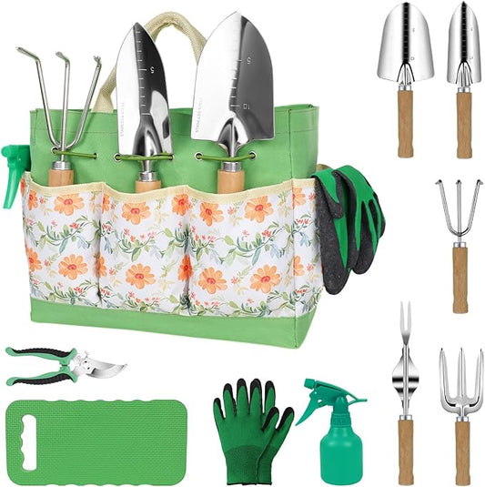 LeMotech Gardening Tools, 10-Piece Heavy Duty Garden Hand Tools Set with Wooden Handle, Durable Fashion Organizer Bag for Garden Supplies, Gardening Gifts for Women Grandmother, Yellow Floral Pattern
