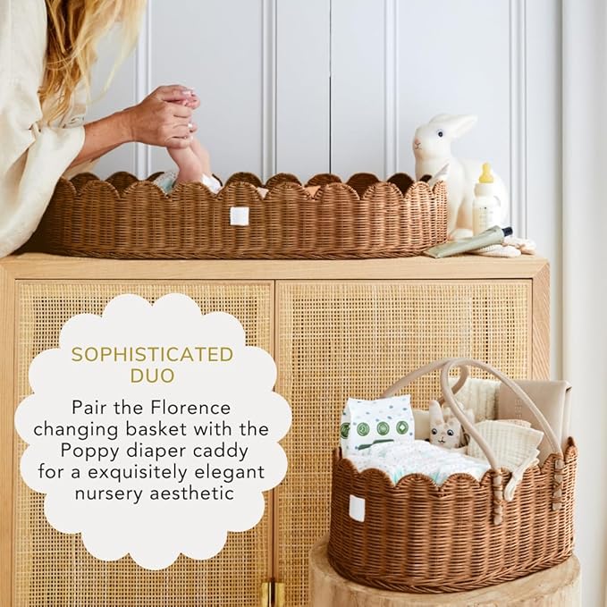 BEBE BASK Premium Baby Changing Basket - Artisan-Crafted Scalloped Rattan - Changing Basket for Baby Dresser - All Accessories Included - Complete Set for Nursery (Mocca)