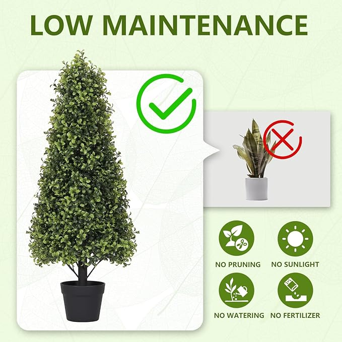 3ft Artificial Boxwood Topiary Trees (Set of 2) - UV Resistant Faux Plants Outdoor, Realistic 36in Fake Cone Bushes and Shrubs for Front Porch, Planter, Patio - Low Maintenance & Evergreen