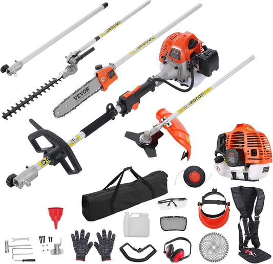 VEVOR 43cc 6-in-1 Multi-Functional Trimming Tool, Hedge Trimmer, Weed Eater, String Trimmer, Brush Cutter, Edger, Pole Saw Chainsaw Pruner with Extension Pole, w/EPA, CE and EMC Certification