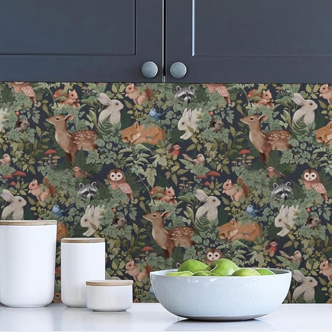 Green Plants Leaf Animal Forest Deer Rabbits Squirrel Owl Peel and Stick Wallpaper Self Adhesive Removable Easy Peel Off Contact Stick on Wall Paper for Bedroom Cabinet Renter Friendly
