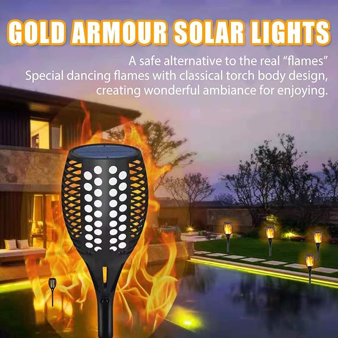 Gold Armour 2 Pack Solar Lights Upgraded - Flickering Flames Torch Solar Path Light - Dancing Flame Lighting 96 Led Dusk to Dawn Flickering Tiki Torches Outdoor Waterproof Garden