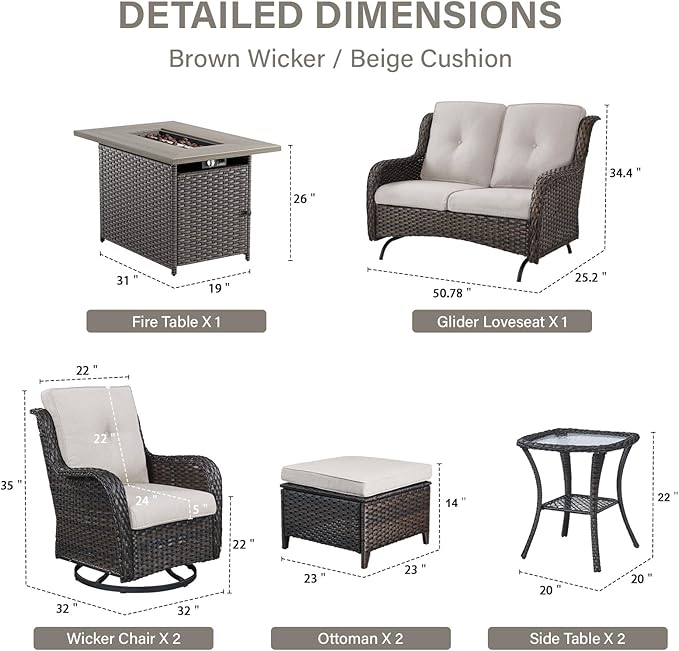 8 Piece Outdoor Patio Furniture Set - 41" CSA Propane Fire Pit Table Patio Conversation Set with Swivel Rocker Outdoor Chairs, Wicker loveseat and Ottoman for Outside Casual Gathering