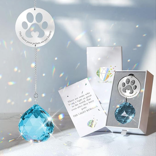 Dog Memorial Gifts, Unique Loss of Pet Sympathy Idea, Sky Blue Crystal Ball Rainbow Suncatcher with Paw Print for Cat or Dog Remembrance and Bereavement