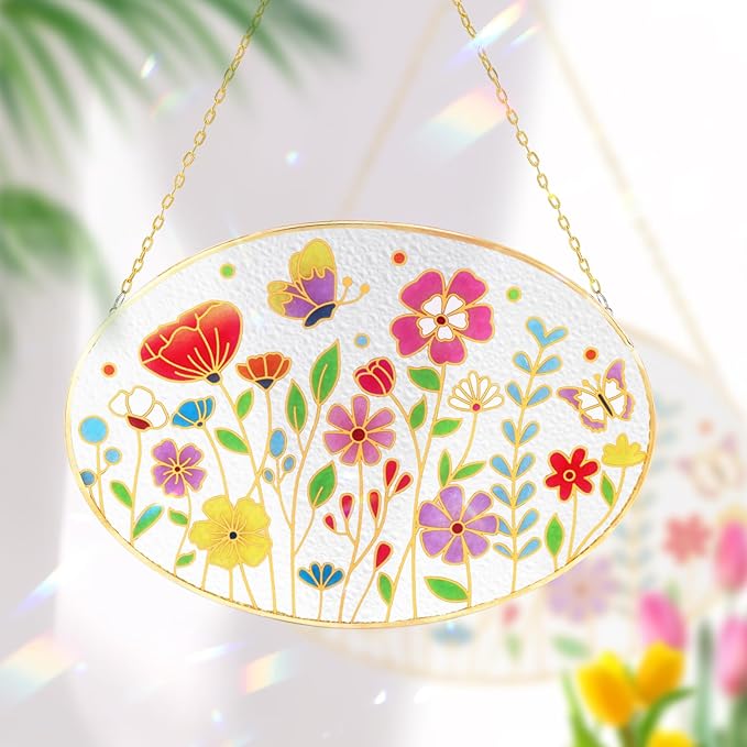 Tuitessine Wild Flower Stained Glass Suncatcher Colorful Flowers Window Wall Hanging Ornament Indoor Hand-Painted Glass Panel Spring Decor Mother’s Day Teacher Appreciation Gift 9.5" x 6.7"