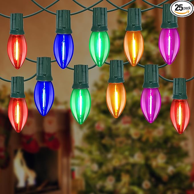 C9 LED Christmas Lights Outdoor,25FT Multicolored Christmas Lights with 26 Colorful Clear Multicolor LED Bulbs,Connectable Old Fashioned Christmas Lights for Garden Patio Xmas Tree Party Home Decor