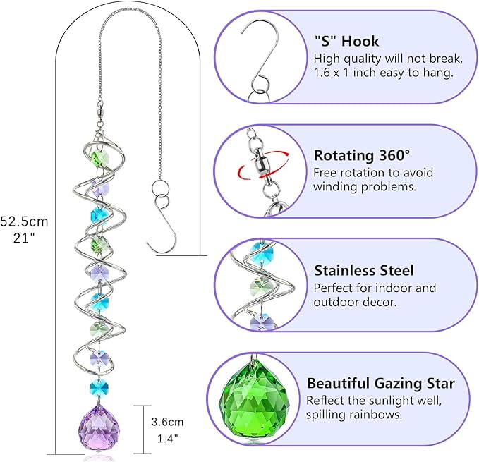 H&D HYALINE & DORA Set of 3 Crystal Sun Catcher for Window Hanging Double-Spiral Gazing Ball Spiral Tail Rainbow Maker Wind Spinners Outdoor for Garden, Patio, Porch, Christmas